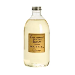 product photograph of Lothantique lavender bath foam. It comes in a clear bottle with a screw top lid.