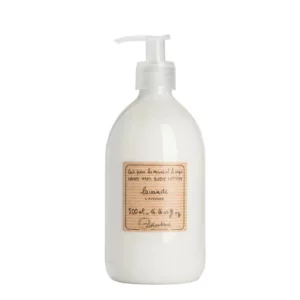 product photograph of Lothantique lavender hand and body lotion. It comes in a clear bottle with a pump dispenser.