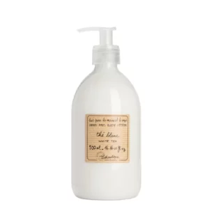 product photograph of Lothantique white tea hand and body lotion. It comes in a clear bottle with a pump dispenser.