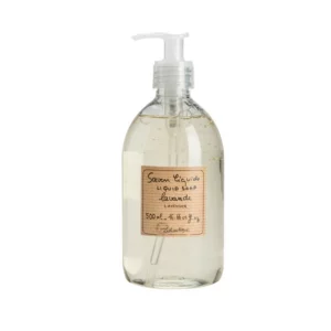 product photograph of Lothantique lavender hand soap. It comes in a clear bottle with a pump dispenser.