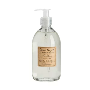 product photograph of Lothantique white tea hand soap. It comes in a clear bottle with a pump dispenser.