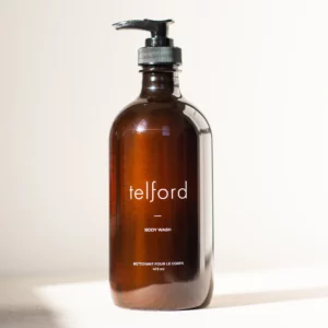 product photograph of Telford body wash. It comes in a brown/ale coloured bottle with a pump dispenser.